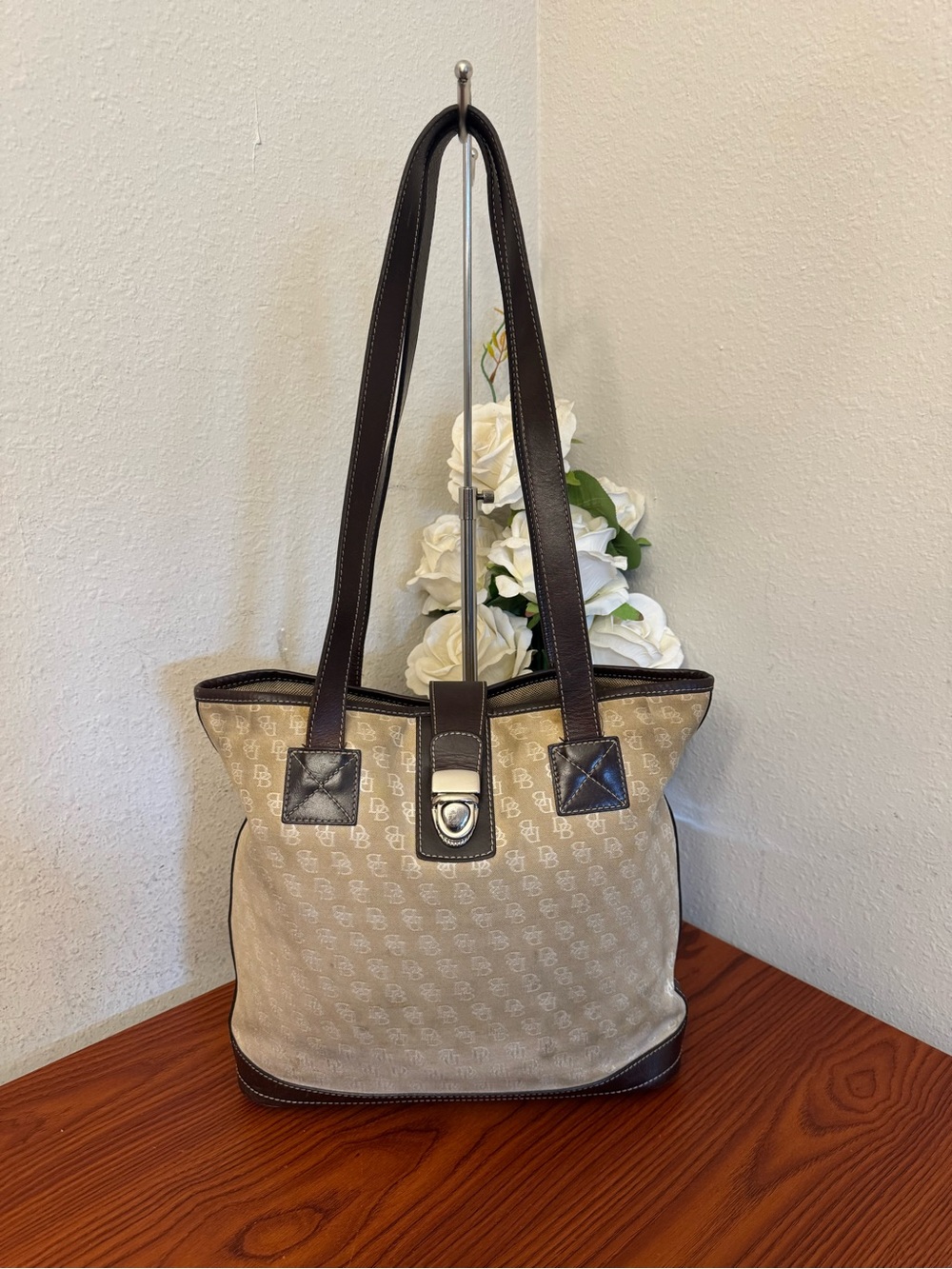 Dooney & Bourke Beige Monogram Tote with Dark Brown Trim